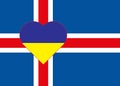 A heart painted in the colors of the flag of Ukraine on the flag of Iceland. Illustration of a blue and yellow heart on the