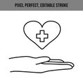 Heart in the palm of your hand. Healthcare concept. Medically cross. Protection symbol. Isolated vector. Editable Stroke