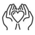 Heart in palms line icon, love or health care concept, Human hands holding heart vector sign on white background, giving