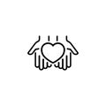 Heart in palms thin line icon. Hands give a heart. Love or health care concept. Charity volunteer symbol, logo. Vector on isolated Royalty Free Stock Photo