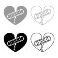 Heart with patch connecting two halves icon outline set black grey color vector illustration flat style image