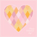 Heart patchwork pattern in pink and yellow colors. Beautiful card for Valentine day. Vector illustration