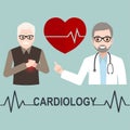 Heart patient elderly male and doctor with cardiology text illustration