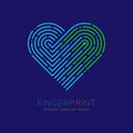 Heart pattern Fingerprint scan logo icon dash line, Love valentine concept, Editable stroke illustration green and blue isolated