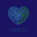 Heart pattern Fingerprint scan logo icon dash line, Love valentine concept, Editable stroke illustration green and blue isolated