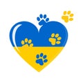Paws of a cat, dog, puppy on a white background in a flat design. Heart in the colors of the flag of Ukraine.