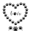 Heart from paws. Traces of dogs or cats. Vector silhouette of a heart and the inscription love. The concept of love for