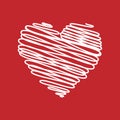 Heart - pencil scribble sketch drawing in white on red background. Valentine card doodle concept. Vector illustration