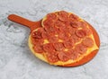 Heart Pepperoni valentine pizza with melting cheese tomatoes ham for Valentine\'s day with ingredients top view fast food