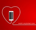 Heart with phone, wire. Valentines card. Eps. Vector illustration. love smartphone flayer. Mothers day poster template
