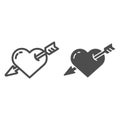 Heart pierced with arrow line and glyph icon. Love vector illustration isolated on white. Valentine heart outline style