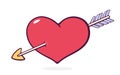 Heart pierced by an Arrow. Valentines Day and love symbol. Vector illustration. Hand drawn cartoon clip art with outline Royalty Free Stock Photo