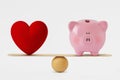 Heart and piggy bank on balance scale - Balance between love and money Royalty Free Stock Photo