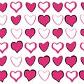 Heart pink romantic doodle seamless pattern with black hearts. Shape on white background in hand drawn hipster grunge Royalty Free Stock Photo