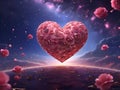 A heart of pink rose flower, in the blue cosmic sky, with rose flower petals, galaxy, digital anime art, love scene, romance