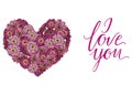 Heart of pink and violet daisies flowers and lettering I LOVE YOU. Vector illustration. Royalty Free Stock Photo