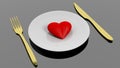 Heart on plate with golden fork and knife Royalty Free Stock Photo