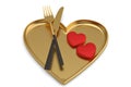 Heart plate with knife and fork isolated on white background. 3D illustration