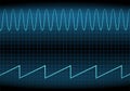 Sine wave and Sawtooth signal on the oscilloscope. The voltage waveform.