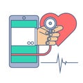 Heart pulse examination by phone. Telemedicine and telehealth.