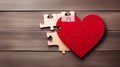 Heart puzzle fits love on wood, AI Generated Royalty Free Stock Photo