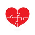 Heart puzzle of 4 pieces. Jigsaw in love solution icon. Connected family concept. Valentines, romantic sign. vector illustration