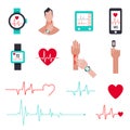 Heart rate monitor for running. Set of icons in a flat style. Pulse measurement vector illustration. Royalty Free Stock Photo