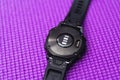 Heart rate sensor of Garmin Fenix 6 Pro black smart watch. Heart rate monitor, cardio sensor of fitness tracker