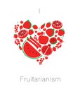 Heart from red fruit and berries. Card I love fruitarianism eco vegetarian healthy food. Vector illustration Royalty Free Stock Photo