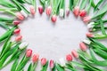 Heart from Red Tulips Flowers on rustic table for March 8, International Womens Day, Birthday , Valentines Day or Mothers day - Royalty Free Stock Photo