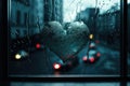 Heart Reflection on Rainy Window: City Lights and Love's Melancholy - Generative AI