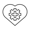 Heart, repair, cardiology, gear, treatment, surgery, tools outline icon. Line art design