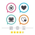 Heart ribbon icon. Timer stopwatch symbol.