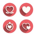 Heart ribbon icon. Timer stopwatch symbol