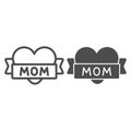 Heart and ribbon with inscription mom line and solid icon, Mother day concept, congratulation to Mother Day sign on