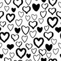 Heart romantic doodle seamless pattern with black hearts. Shape on white background in hand drawn hipster grunge style. Royalty Free Stock Photo