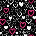 Heart romantic doodle seamless pattern with hearts. Shape on black white background in hand drawn hipster grunge style. Royalty Free Stock Photo