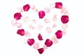 Heart of rose petals on white. Pink romantic  background for valentine or wedding day greeting template Royalty Free Stock Photo