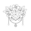 Heart and roses. Vector outline coloring pattern Royalty Free Stock Photo