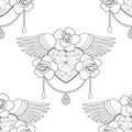 Heart and roses vector outline seamless pattern Royalty Free Stock Photo