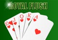 Heart Royal flush hand of cards, hearts suit, on playing baize, close-up