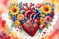 Heart\'s Bloom: Watercolor Illustration of a Human Heart Entwined with Vibrant Flowers, Symbols of Love and Compassion