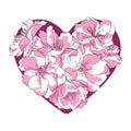 Heart of sakura flowers. Illustration of cherry blossoms in the shape of heart. A symbol of love from pink flowers