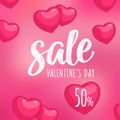 Heart. Sale Valentine`s Day calligraphic handwriting lettering. Vector color engraving