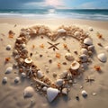 Heart on the sand on the beach with seashells in the background sea. Heart as a symbol of affectionlove Royalty Free Stock Photo