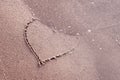 Heart in the sand, the wave washes away the drawing of the heart on the beach, the concept of separation, divorce, love has passed