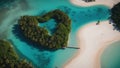 heart of the sea An island in the shape of a heart surrounded by blue water. The island has lush plants, sandy shores