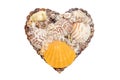 Heart sea shell background. Closeup of seashell heart isolated on a white background. Design element for valentine, wedding, Royalty Free Stock Photo