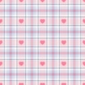 Heart seamless pattern. Repeating plaid tartan pink color. Check design prints. Repeated scottish flannel. Madras fabric. Modern
