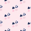 Heart seamless pattern. Simple love figures in pink and navy blue tones on soft light background